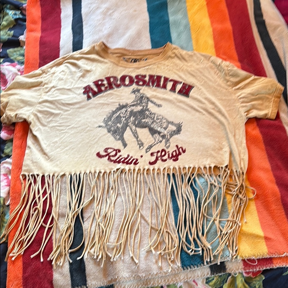 Buckle Beige Aerosmith Fringe Crop Top
